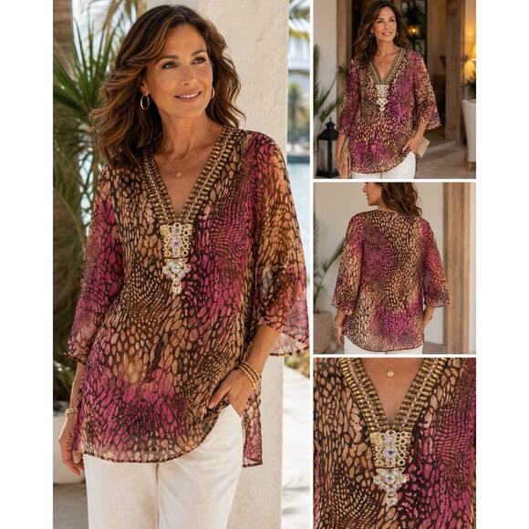 Chicos Tops - Chico’s Silk Embellished Animal Print Tunic Top Size XL Beaded Pink Brown Y2K